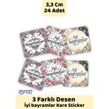 İstisna 3 Farklı Desen Iyi Bayramlar Krem Rengi Kare Desenli Olsun Sticker Çıkartma Seti Etiketi - 24 Adet - Çok Renkli