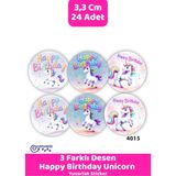 İstisna 3 Farklı Sevimli Unicorn Desen Happy Birthday Yuvarlak Desenli Olsun Sticker Çıkartma ETIKETI-4015 - 24 Adet - Çok Renkli