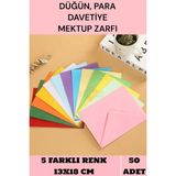İstisna 50 Adet 13X18 CM Karışık 5 Farklı Renk Hediye Doğum Günü Dilekleri Düğün Para Davetiye Mektup Zarfı - Renkli - Standart