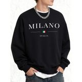 Italya Milano Şehir Baskılı Erkek Sıcak Kazak Günlük Büyük Beden Moda Uzun Kollu Temel Sokak - Siyah - 4XL