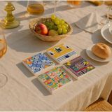 Italyan Mermeri ve Evleri Temalı Renkli Desenli Doğal Taş Bardak Altlığı Seti (4’lü) - 10 x 10 cm