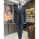 İtalyan stil 8 drop çizgili ceket yelek pantolon takım elbise siyah T10712 - 46