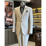 İtalyan Stil Ceket Yelek Pantolon Takım Elbise Bej T12811 - 46