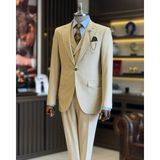 İtalyan Stil Ceket Yelek Pantolon Takım Elbise Bej T12819 - 46