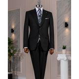 Italyan Stil Kombin Takım Elbise Ceket Yelek Pantalon Siyah T14043 - 46