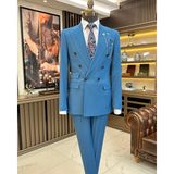 İtalyan stil kruvaze ceket pantolon erkek takım elbise Mavi T11084 - 50