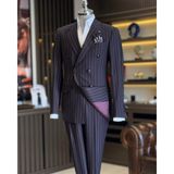 İtalyan Stil Kruvaze Çizgili Ceket Pantolon Takım Elbise Kahverengi T12898 - 48