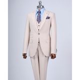 Italyan Stil Slim Fit 8 Drop Ceket Yelek Pantolon Takım Elbise Bej T12633 - 48