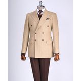 Italyan Stil Slim Fit Balıksırtı Desen Kruvaze Erkek Tek Ceket Bej T13430 - 46
