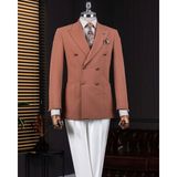 Italyan Stil Slim Fit Balıksırtı Desen Kruvaze Erkek Tek Ceket Kahverengi T14075 - 46