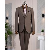 Italyan Stil Slim Fit Ceket Yelek Pantolon Takım Elbise Kahverengi T14144 - 48