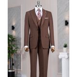 Italyan Stil Slim Fit Ceket Yelek Pantolon Takım Elbise Kahverengi T14386 - 54