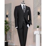 Italyan Stil Slim Fit Ceket Yelek Pantolon Takım Elbise Siyah T14311 - 50