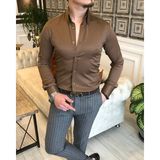italyan stil slim fit dik yaka saten erkek gömlek Açık Kahve T5103 - Açık Kahverengi - 2XL