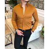 italyan stil slim fit dik yaka saten erkek gömlek Hardal T5105 - XS