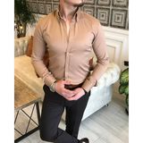 italyan stil slim fit dik yaka saten erkek gömlek Vizon T5104 - 2XL