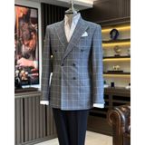 İtalyan stil slim fit ekose kruvaze erkek tek ceket gri T12893 - 48