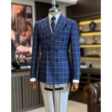 İtalyan stil slim fit ekose kruvaze erkek tek ceket lacivert T12892 - 46