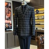 İtalyan stil slim fit ekose kruvaze erkek tek ceket siyah T12895 - 48
