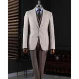 Italyan Stil Slim Fit Erkek Ceket Yelek Pantolon Takım Elbise Bej T14639 - 48