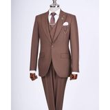 Italyan Stil Slim Fit Erkek Ceket Yelek Pantolon Takım Elbise Kahverengi T13463 - 48