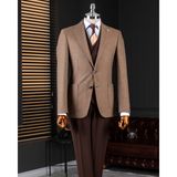 Italyan Stil Slim Fit Erkek Ceket Yelek Pantolon Takım Elbise Kahverengi T14640 - 50