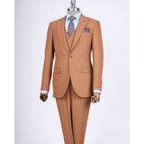 Italyan Stil Slim Fit Erkek Ceket Yelek Pantolon Takım Elbise Taba T12978 - 58