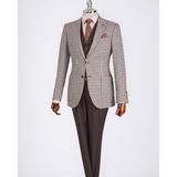 Italyan Stil Slim Fit Erkek Kombin Ceket Yelek Pantolon Takım Elbise Kahverengi T13077 - 46