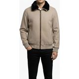Italyan Stil Slim Fit Fermuarlı Kürk Yaka Deri Şeritli Mont Bej T15114
