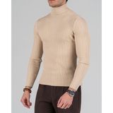 Italyan Stil Slim Fit Fitilli Boğazlı Triko Erkek Kazak Bej T10617
