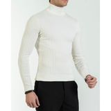 Italyan Stil Slim Fit Fitilli Boğazlı Triko Erkek Kazak Ekru T10623