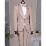 Italyan Stil Slim Fit Kadife Şal Yaka Ceket Yelek Pantolon Damatlık Set Bej T14891 - 50