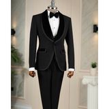 Italyan Stil Slim Fit Kadife Şal Yaka Ceket Yelek Pantolon Damatlık Set Siyah T14890 - 46