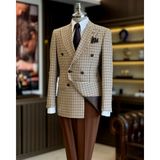 Italyan Stil Slim Fit Kazayağı Desen Kruvaze Erkek Ceket Kahverengi T13050 - 48