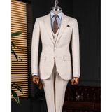İtalyan stil slim fit kazayağı desenli ceket yelek pantolon takım elbise bej T12789 - 46