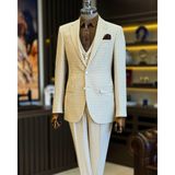 İtalyan stil slim fit kazayağı desenli ceket yelek pantolon takım elbise bej T12789 - 50