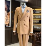 İtalyan Stil Slim Fit Kruvaze Ceket Pantolon Takım Elbise Camel T12603 - 48
