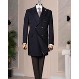 Italyan Stil Slim Fit Kruvaze Yün Karışımlı Kaşe Erkek Kaban Lacivert T14691