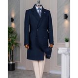 Italyan Stil Slim Fit Kruvaze Yün Karışımlı Kaşe Erkek Kaban Lacivert T14716 - 52