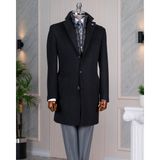 Italyan Stil Slim Fit Mono Yaka Yün Karışımlı Kaşe Erkek Kaban Siyah T14689