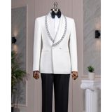 Italyan Stil Slim Fit Şal Yaka Taşlı Ceket Pantolon Damatlık Set Beyaz T14550 - 48