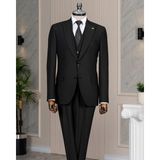Italyan Stil Slim Fit Sivri Yaka Ceket Yelek Pantolon Takım Elbise Siyah T15059 - 48
