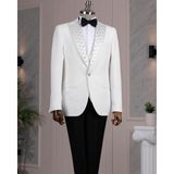 İtalyan stil slim fit taşlı ceket yelek pantolon damatlık set beyaz T14534 - 54