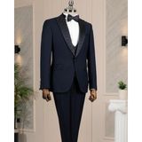 İtalyan stil slim fit taşlı ceket yelek pantolon damatlık set lacivert T14533 - 48