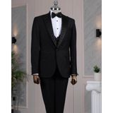 İtalyan stil slim fit taşlı ceket yelek pantolon damatlık set siyah T14532 - 48