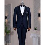 Italyan Stil Yün Karışımlı Ceket Yelek Pantolon Damatlık Set Lacivert T14895