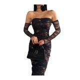 İTHAL DİJİTAL BASKILI FULL LİKRALI ASTARLI CAM TÜL KUMAŞ DRAPE DETAY STRAPLEZ MİDİ BOY ELBİSE Siyah M