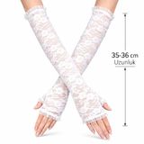 İthalat® Uzun Zarif Dantel Eldiven Parmaksız Beyaz 35 Cm
