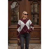 It's Basic Kadın Bordo Gri W6-35 Oversize Baklava Desenli Aksesuar Detaylı Tasarım Triko Kazak