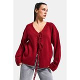 It's Basic Kadın Bordo Renk W5-35 Önü Bağcıklı Oversize Triko Kazak - M - L